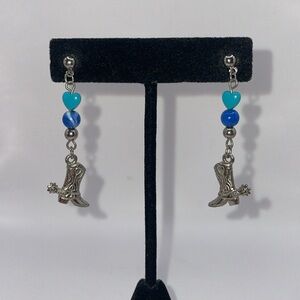 Vintage Silver Tone Blue Beaded Cowgirl Boot Dangle Drop Statement Earrings